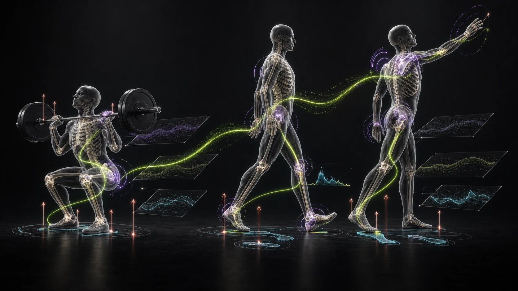 Three anatomical movement studies representing strength, gait, and deliberate reaching, connected by one signal path